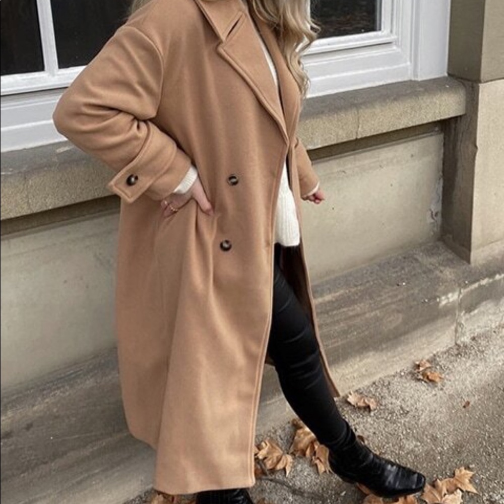 Camel double breasted trench long peacoat jacket - Picture 7 of 7